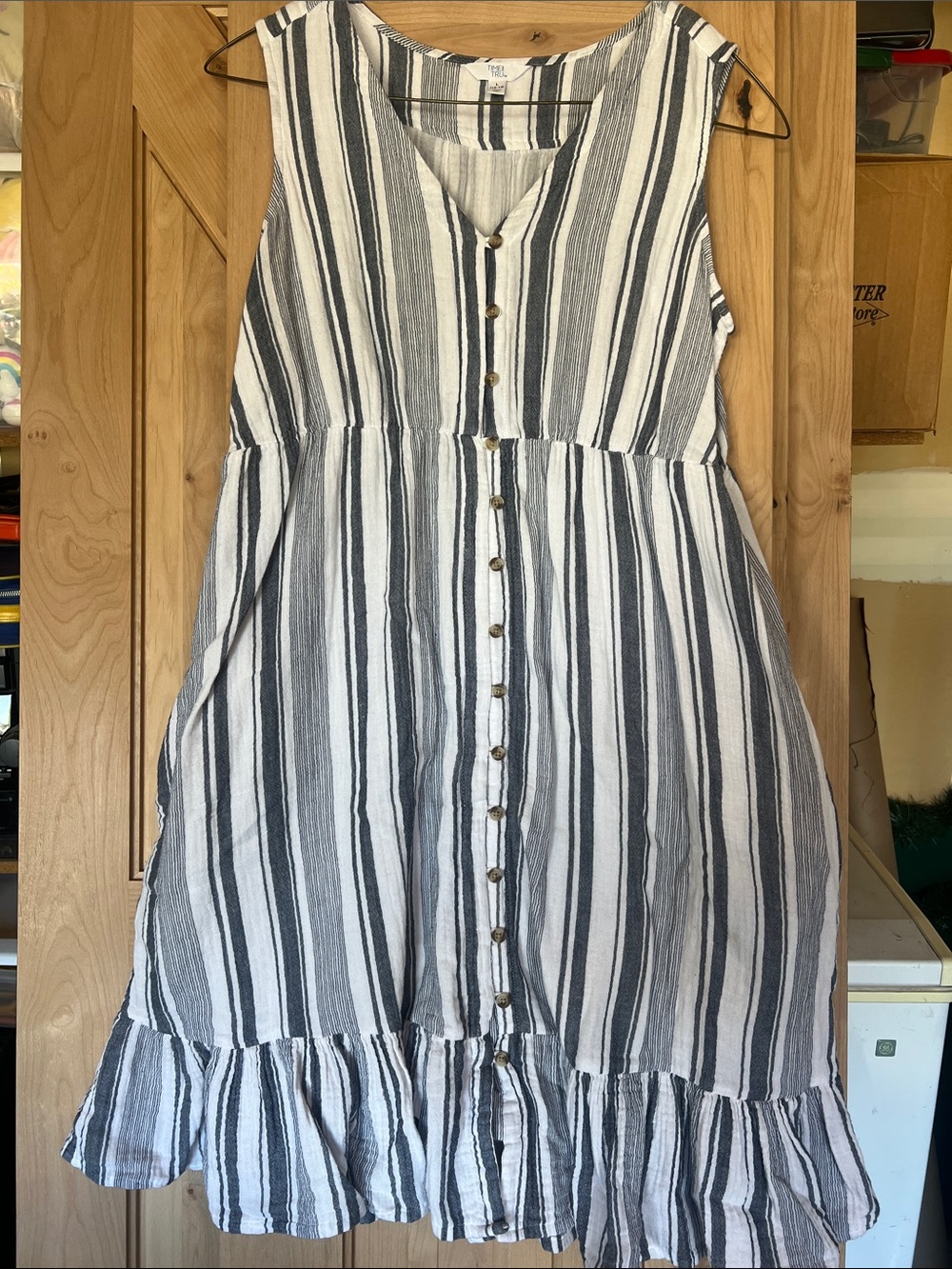 Time and Tru Navy and White Vertical Stripe Sundress with pockets